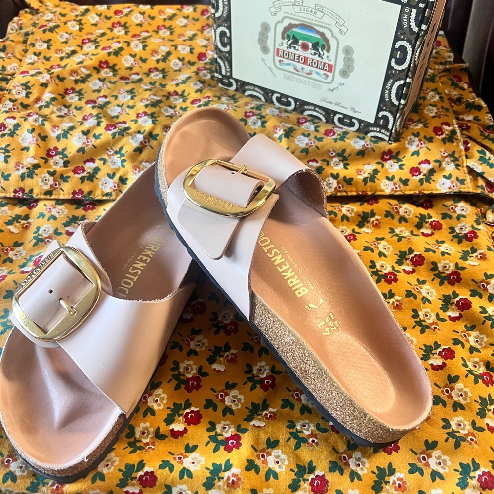 Birkenstock Cream Sandals with Gold Buckle